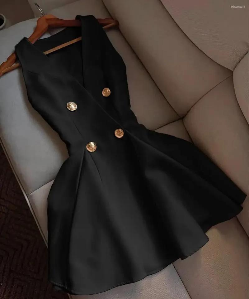 V-neck Sleeveless Buttoned Solid-color Sweet Mini Dress
