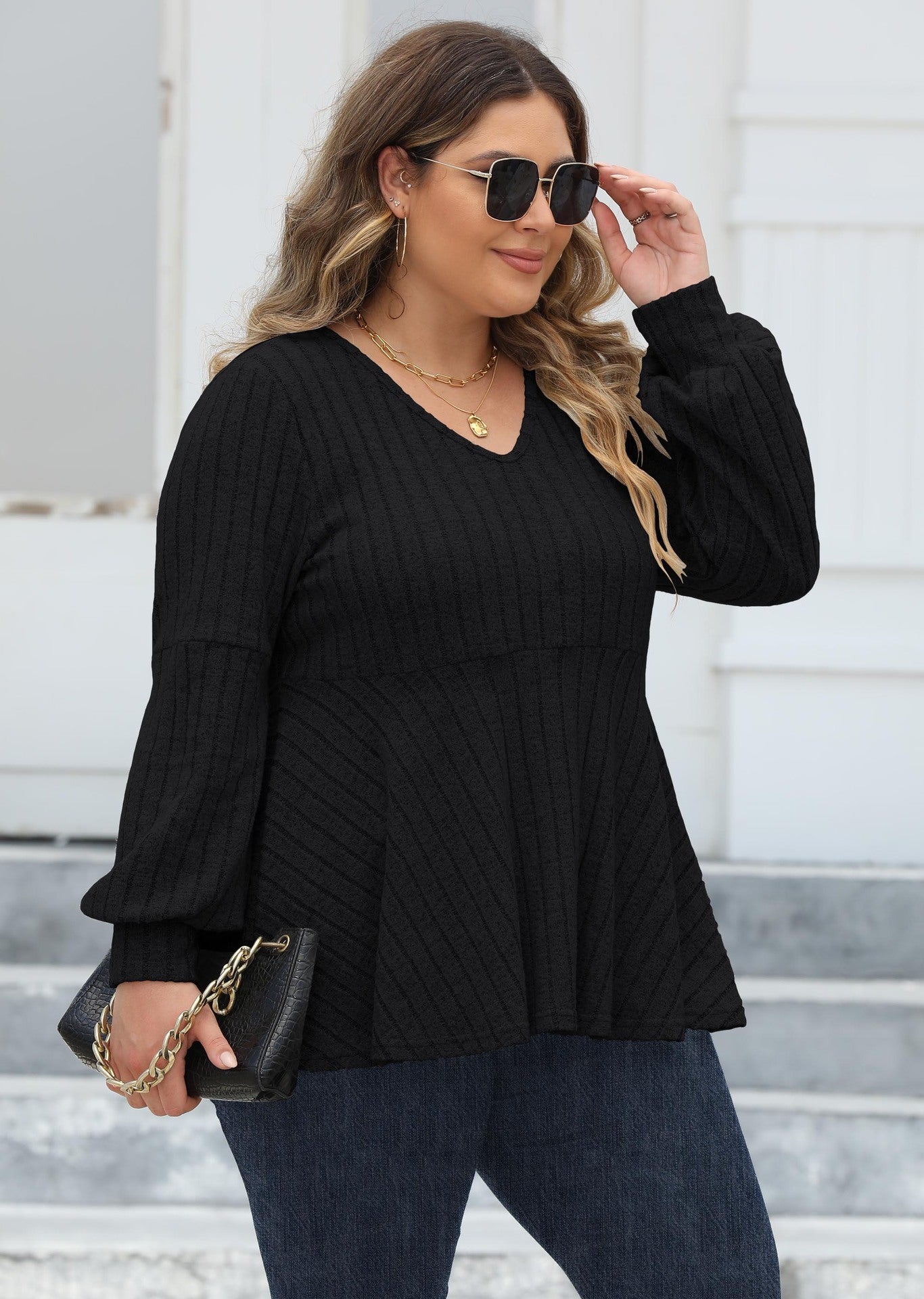 Doll Shirt V-neck Hollow Striped Polar Fleece Lantern Sleeve Bottoming Shirt