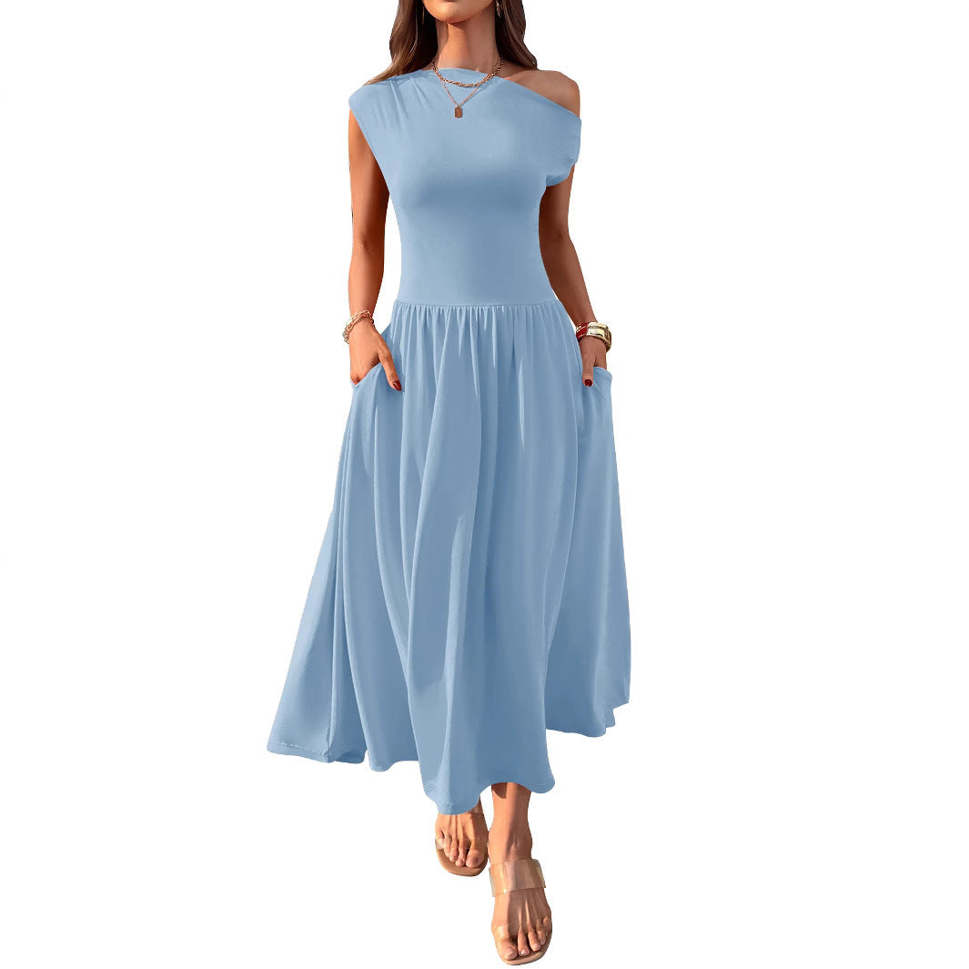 Slant Shoulder Waist Trimming Long With Pocket Dress