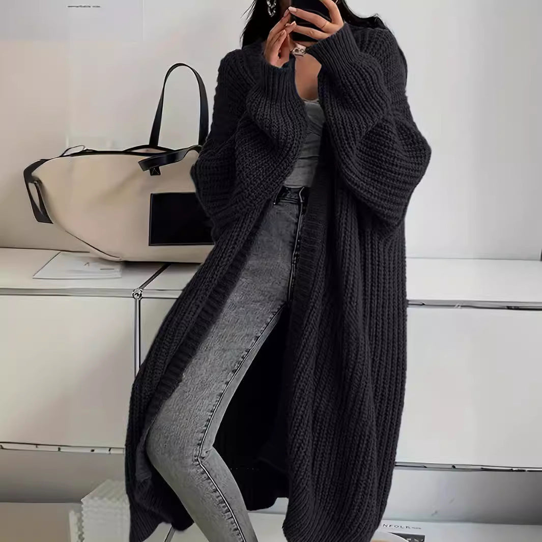 Cardigan long tricoté avec poches, manteau à manches lanternes tendance et polyvalent