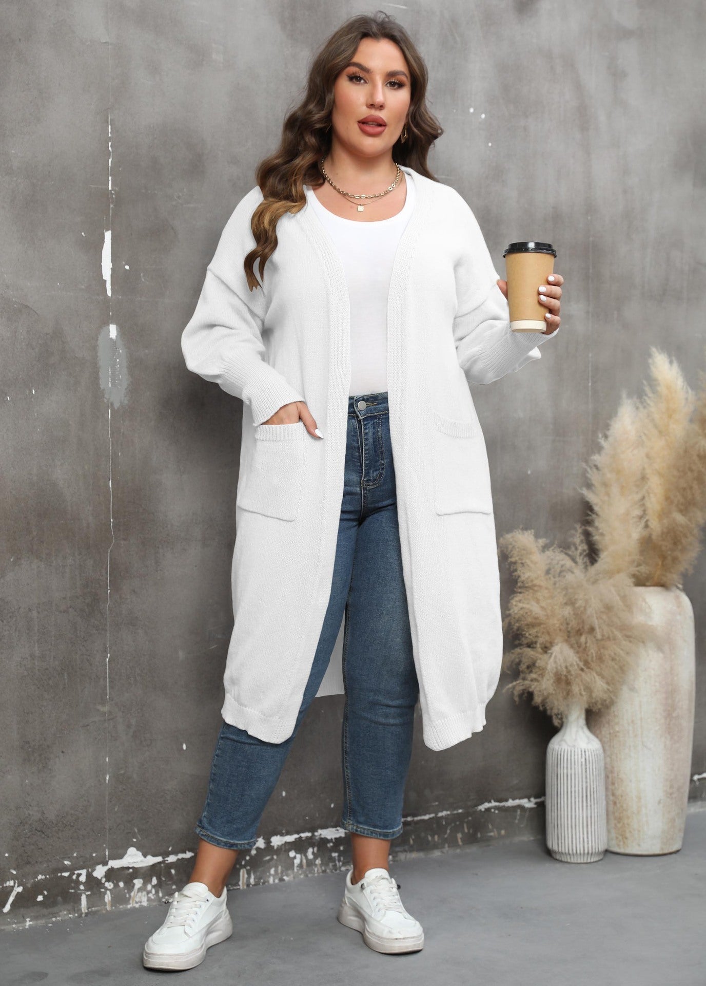 Pull ample mi-long tissé grande taille, style européen et américain, manteau à manches lanternes et double poche