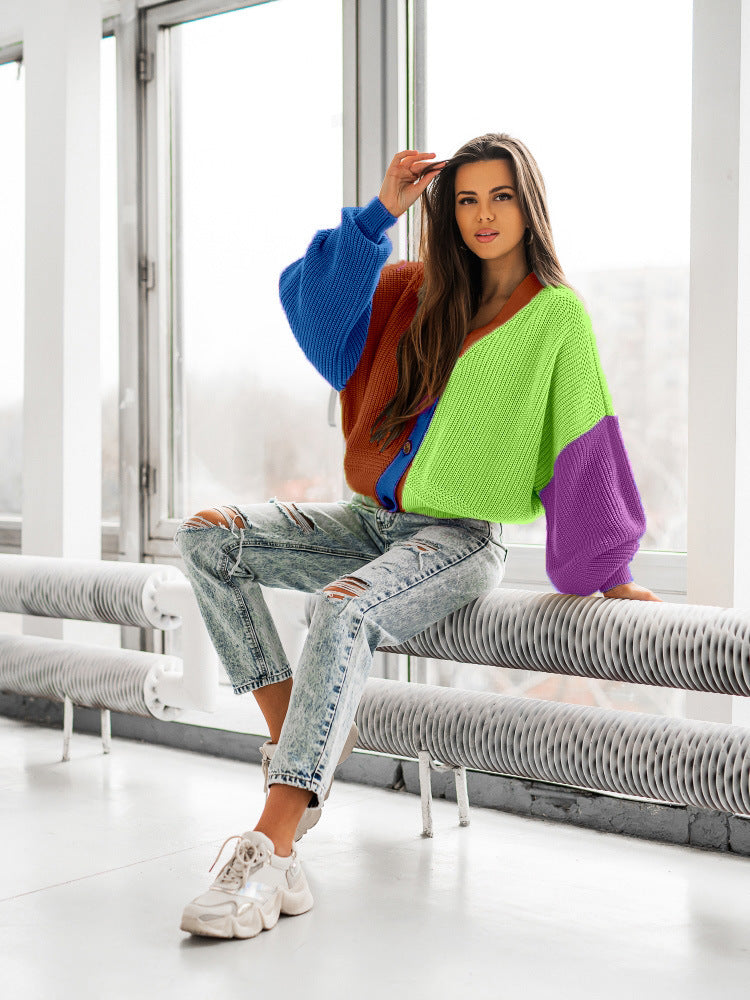 Casual Color Matching Bright Women's Woolen Long-sleeved Cardigan