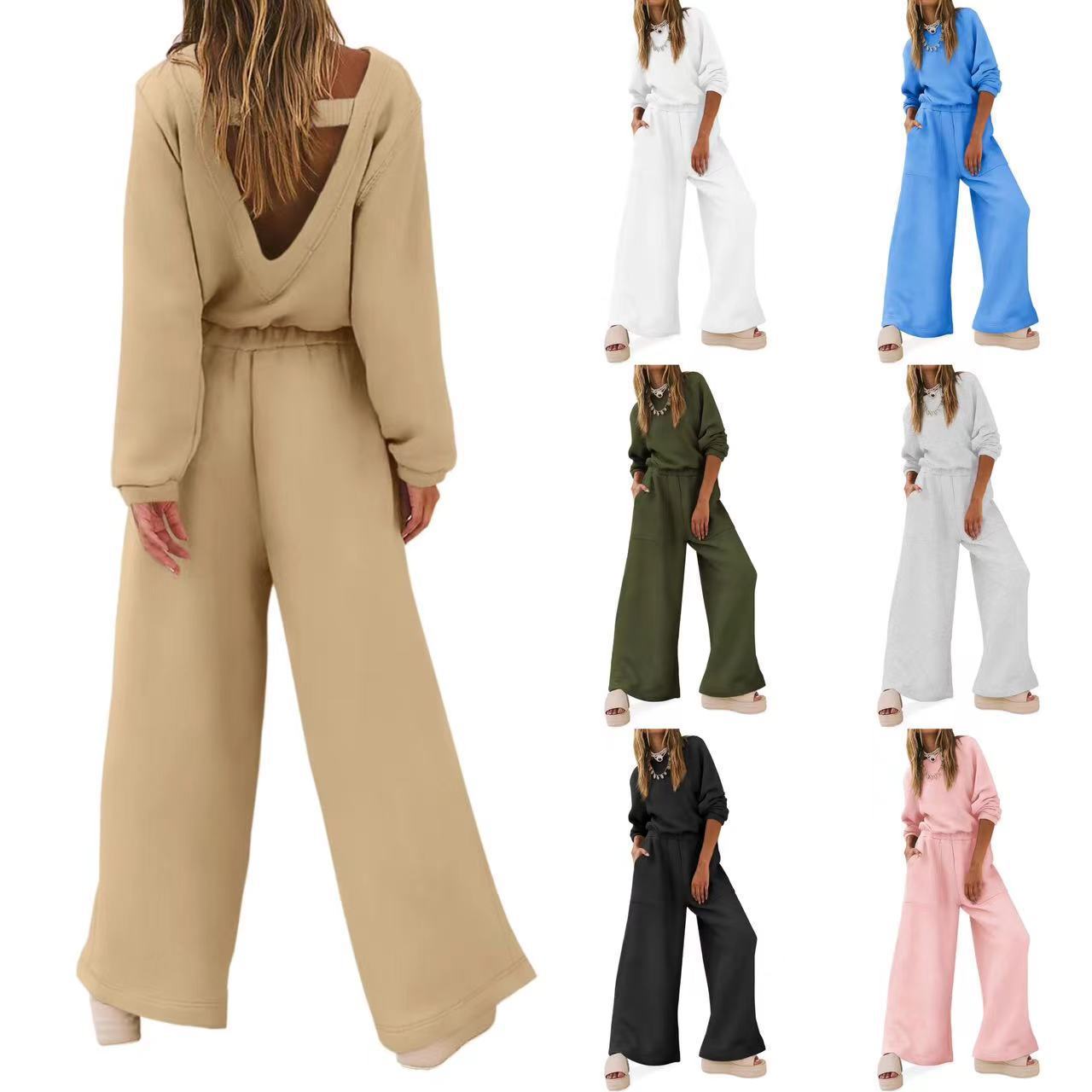 Combinaison pull dos nu à manches longues et couleur unie pour femme, style sport et loisirs, mode européenne et américaine