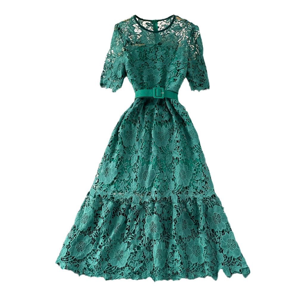 Summer Ladies Round Neck Crocheted Hollow Lace Dress