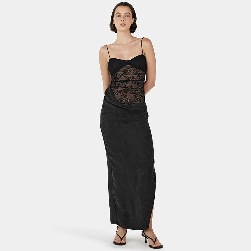 New Solid Color Lace Sleeveless Split Long Dress