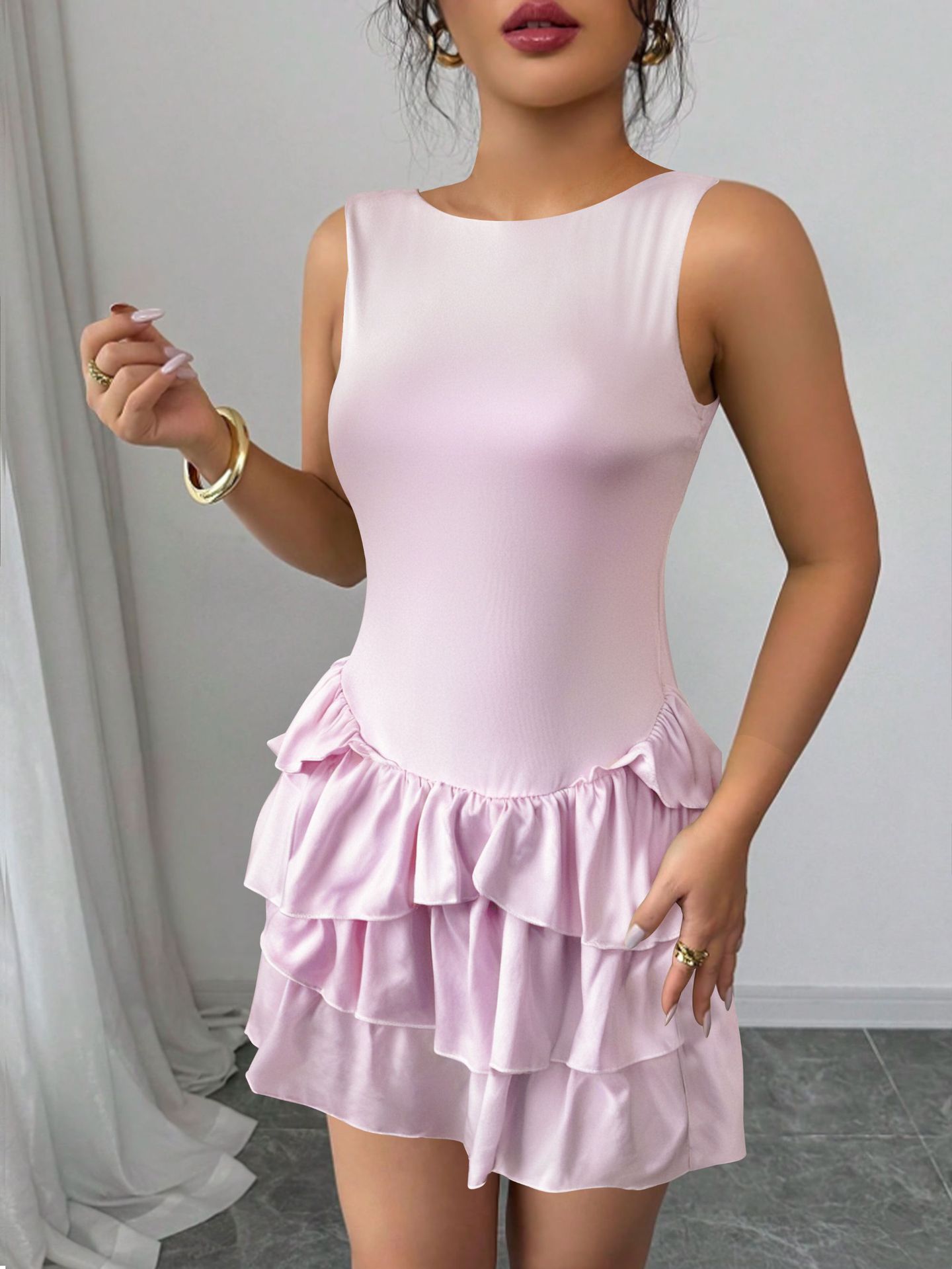 New Womens Sleeveless Crew-neck Dress