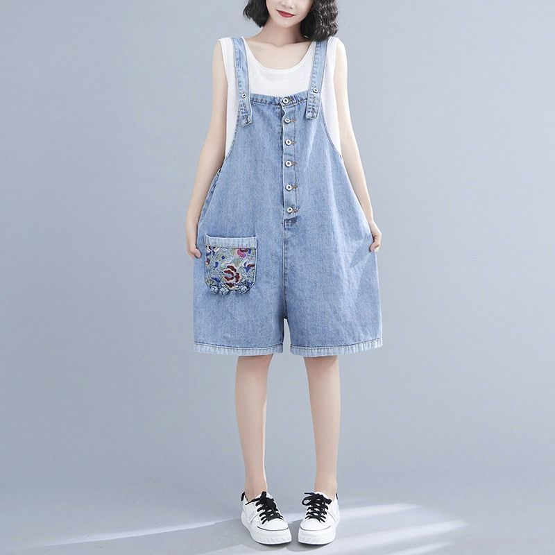 Fat Mm Artistic Style Embroidered Denim Suspenders