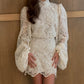 Womens Fashion Two-Piece Set Lantern-Sleeve Turtleneck Lace Top And Bottom