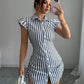 Striped Shirt-collar Casual Waist-cinched Chic Dress