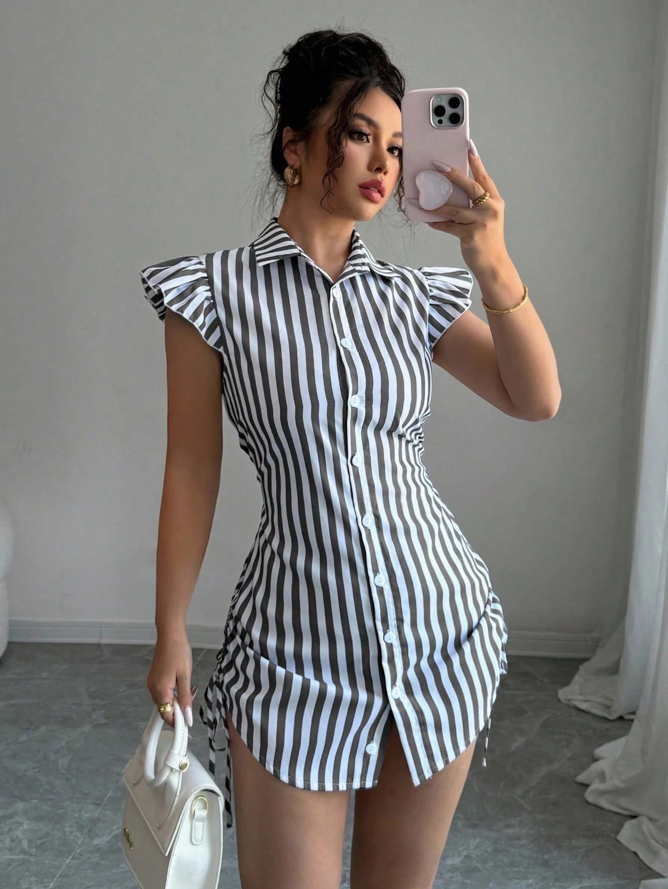 Striped Shirt-collar Casual Waist-cinched Chic Dress