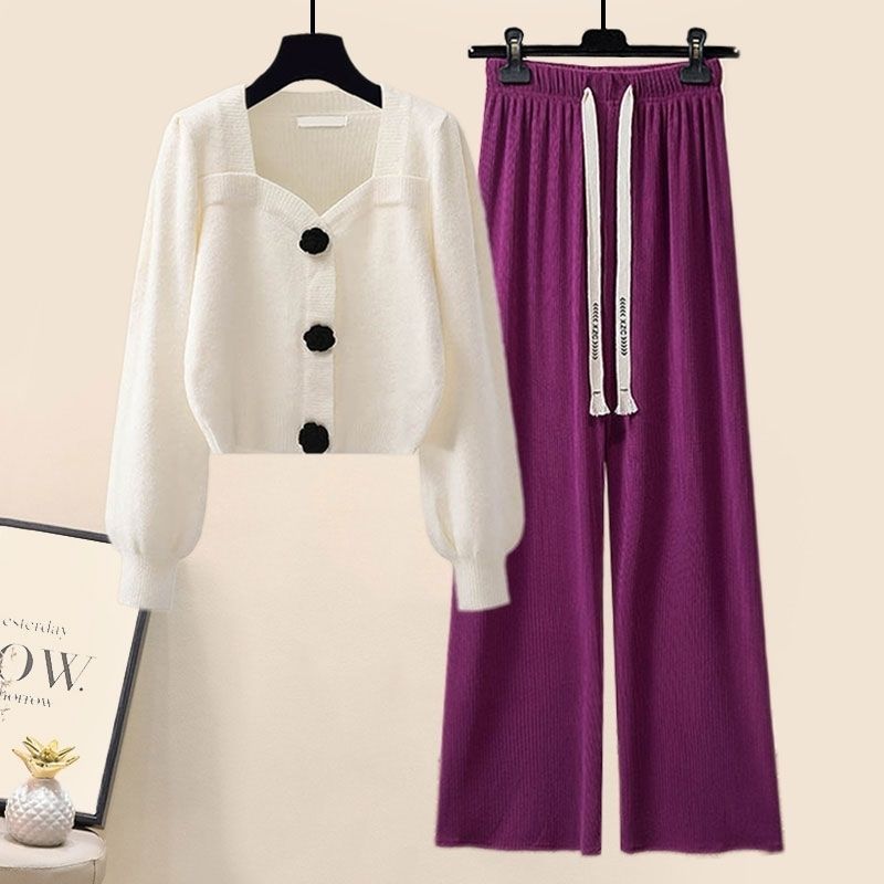 Gentle Puff Sleeve Knit Sweater High Waist Wide Leg Casual Pants Set