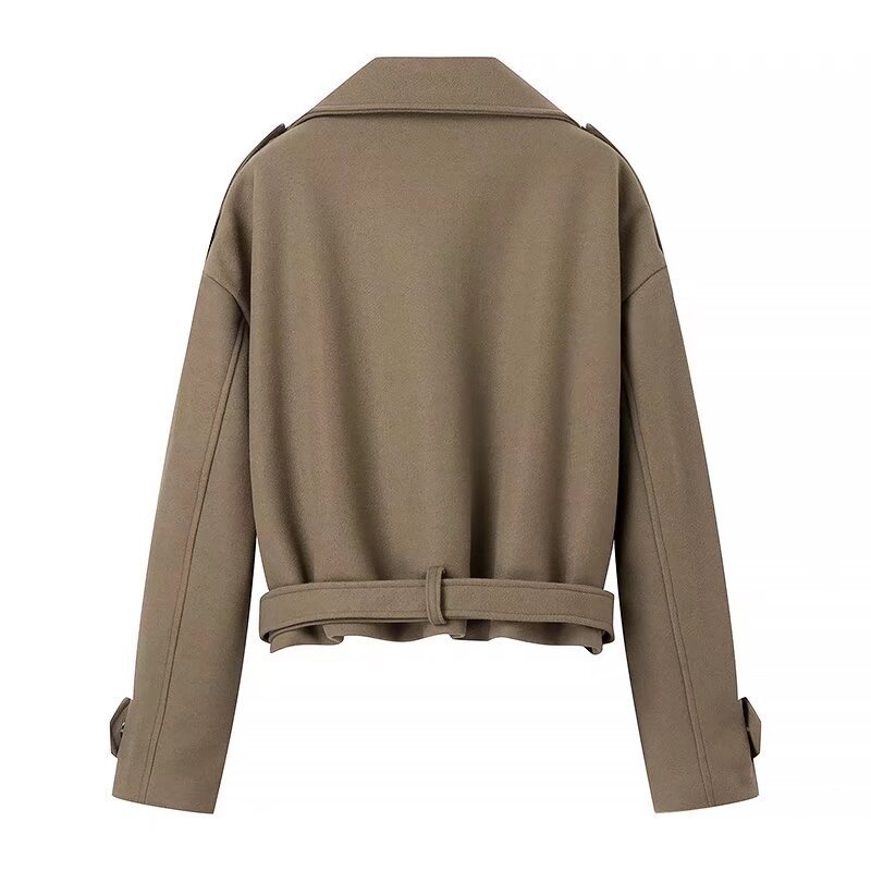 Manteau en laine décontracté et ample à col en V avec ceinture