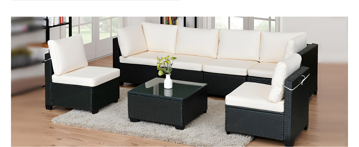 Selling Seven-Piece Sofa Set Table With Sofa Chair Black PE Rattan Outdoor New Design Furniture 7-JH002 Box 3-1-2-3 With White Color Cushion