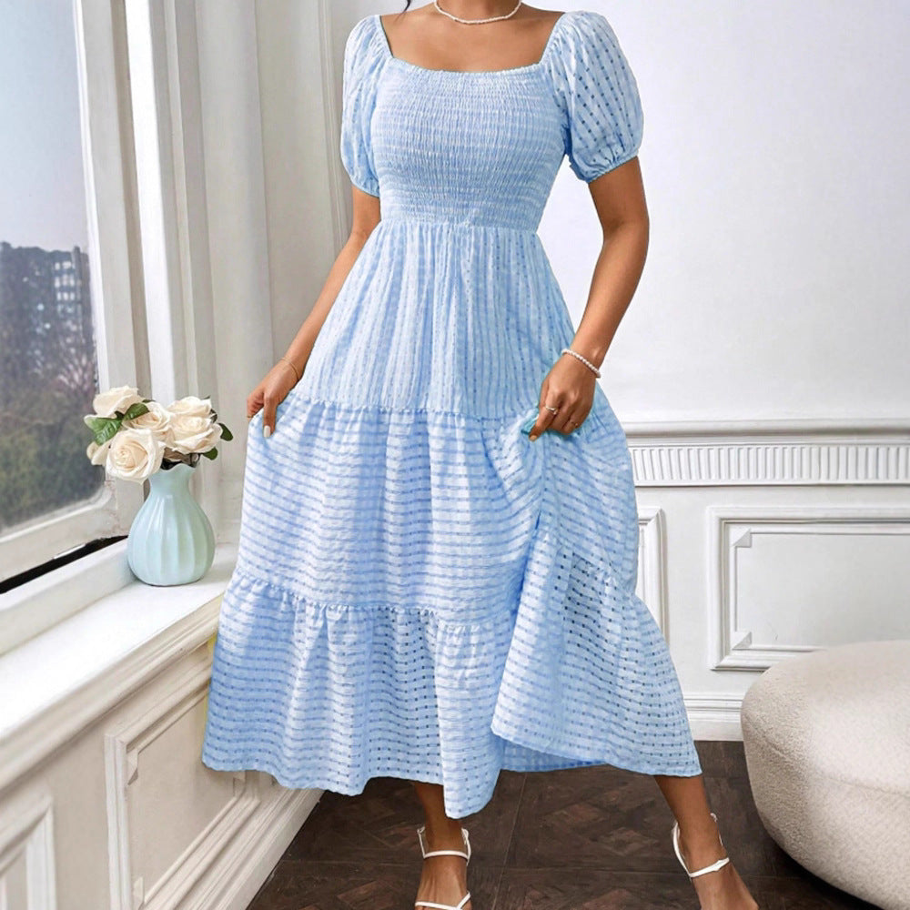New Fashion Solid Color Shirred Backless Cake Temperament Dress