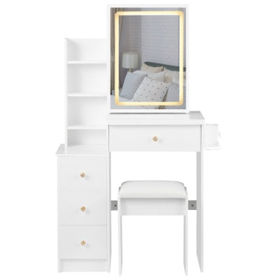 29.2 Small Size Left Bedside Cabinet Vanity Table   Cushioned Stool, 2 AC  2 USB Power Station, Hair Dryer Bracket  Extra Large Touch Control Sliding LED Mirror, Tri Color Switching, Brightness Adjust