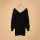 Autumn And Winter New Style Solid Color Lace V-leader Hollow Knit Top Women