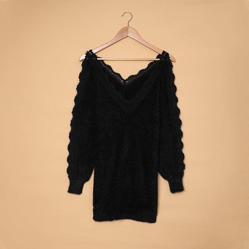 Autumn And Winter New Style Solid Color Lace V-leader Hollow Knit Top Women