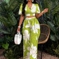 Women's Wear Tropical Printing Pleated Butterfly Sleeve Top Drawstring Wide Leg Trousers Suit