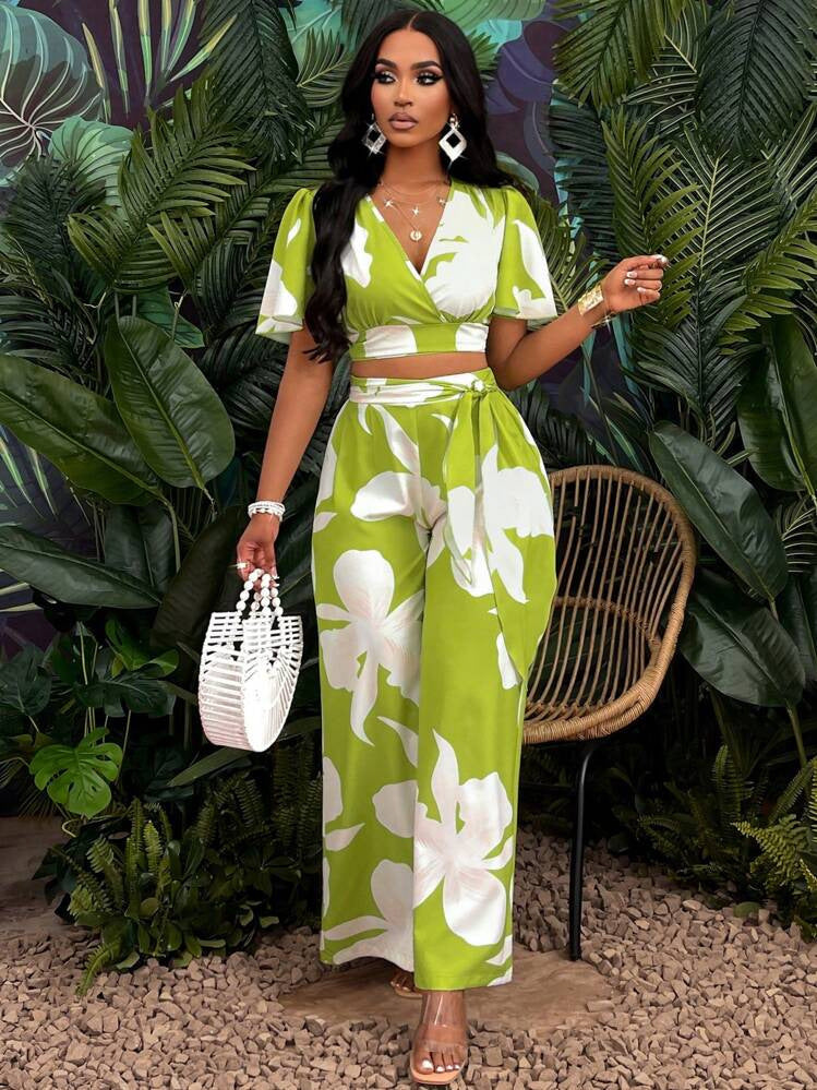 Women's Wear Tropical Printing Pleated Butterfly Sleeve Top Drawstring Wide Leg Trousers Suit