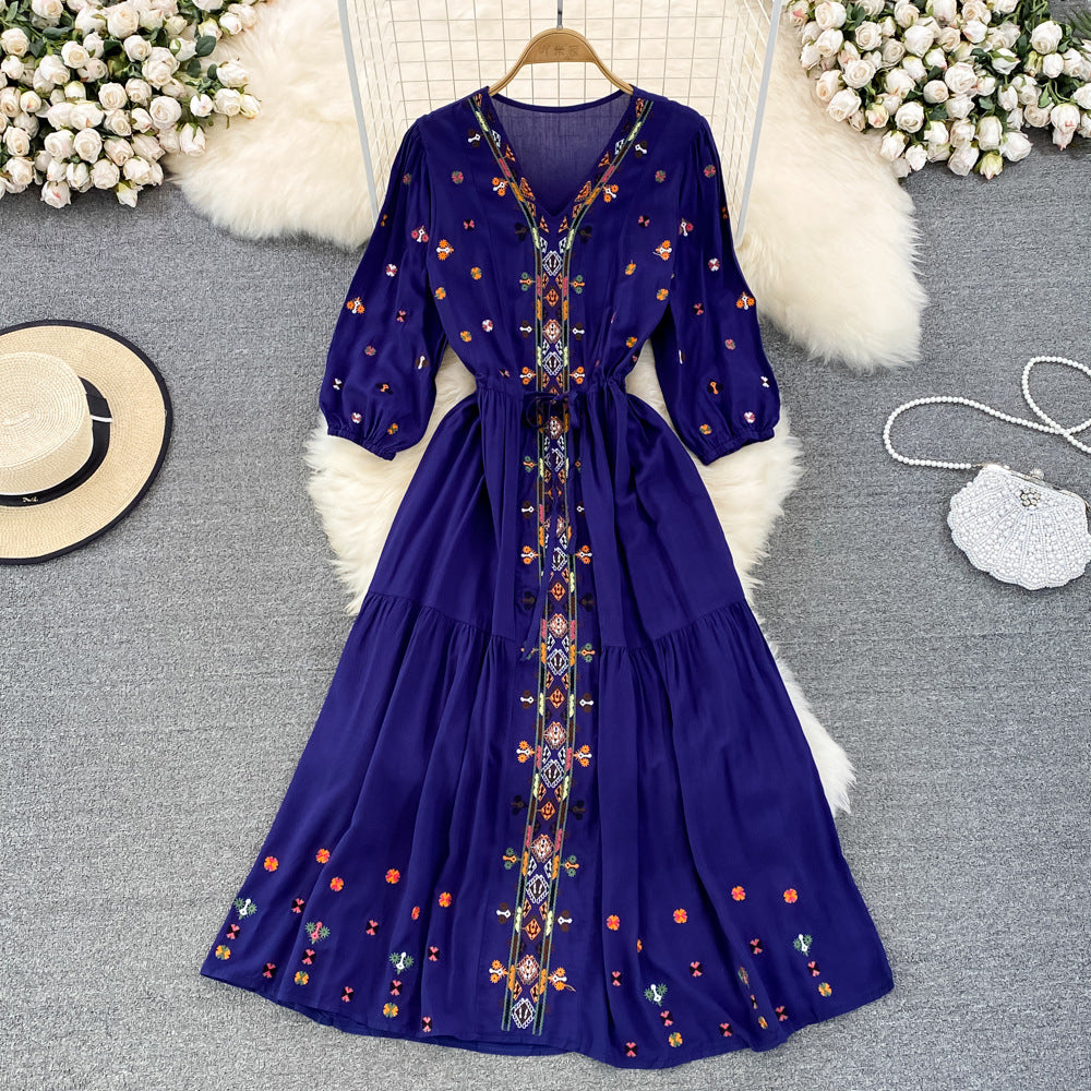 Vintage National Style Embroidery V-neck Lantern Long Sleeve Waist Closing A-line Dress