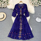 Vintage National Style Embroidery V-neck Lantern Long Sleeve Waist Closing A-line Dress