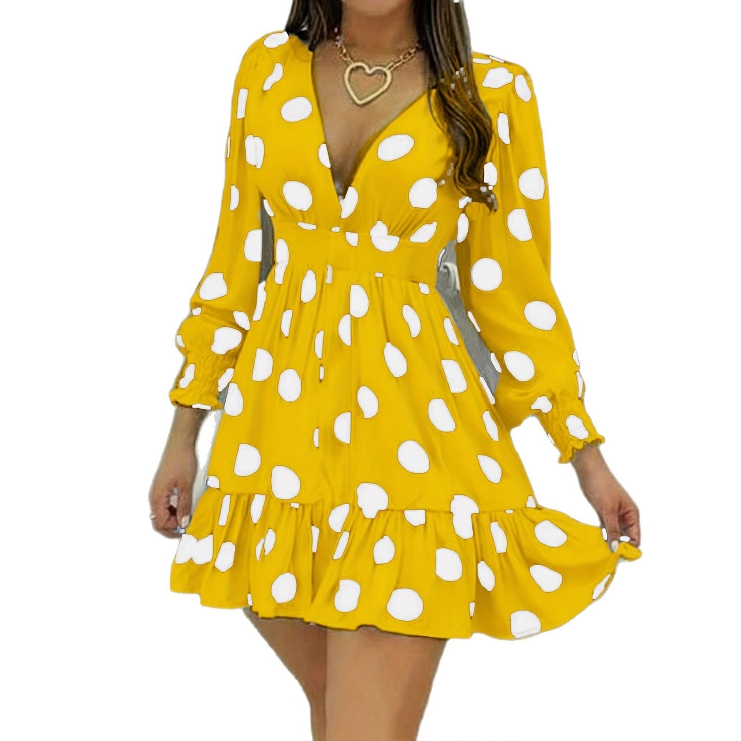 Polka-dot V-neck Puffed-sleeve Dress