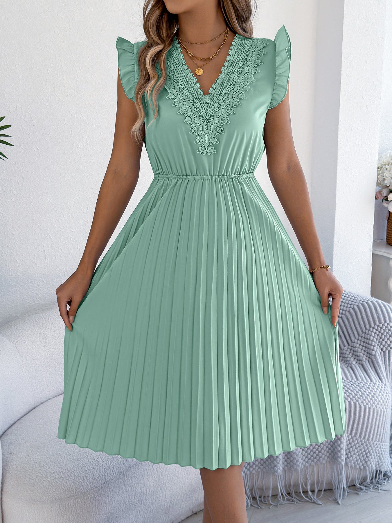 Casual Lace V-neck Ruffled-waist Pleated Dress
