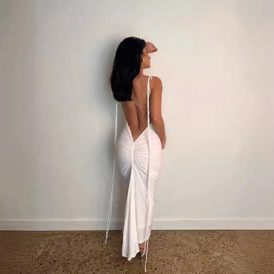 U-neck Shoulder Strap Backless Pleated Sheath Long Solid Color Dress