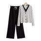 Fake Two-Piece Knitted Cardigan Top And Wide-Leg Pants Set