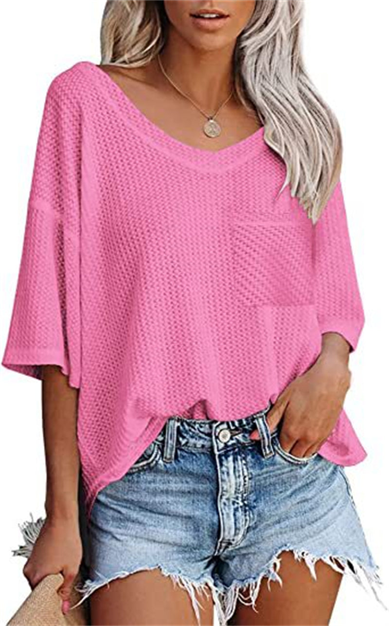 Women's Temperament Fashion V-neck Pocket Short-sleeved T-shirt