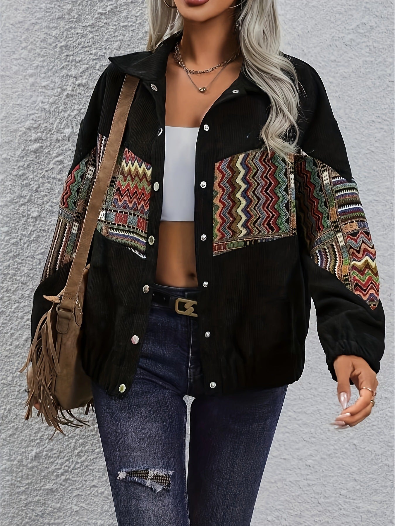 National Style Color Stitching Turnover Neck Cardigan Casual Top