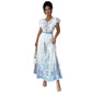 Stand-up Collar Double-breasted Front Lantern Sleeves Printed Long Dress With Lace Trim