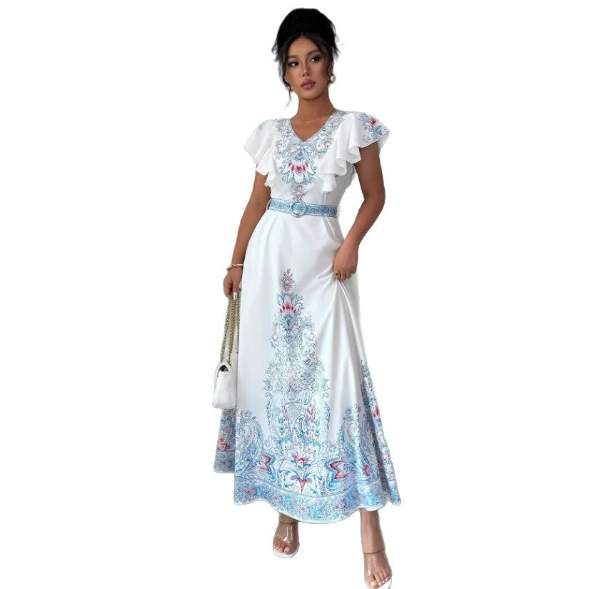 Stand-up Collar Double-breasted Front Lantern Sleeves Printed Long Dress With Lace Trim