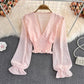 V-neck Cross Slim Fit Polka Dot Chiffon Shirt Western Style Waist-slimming Short