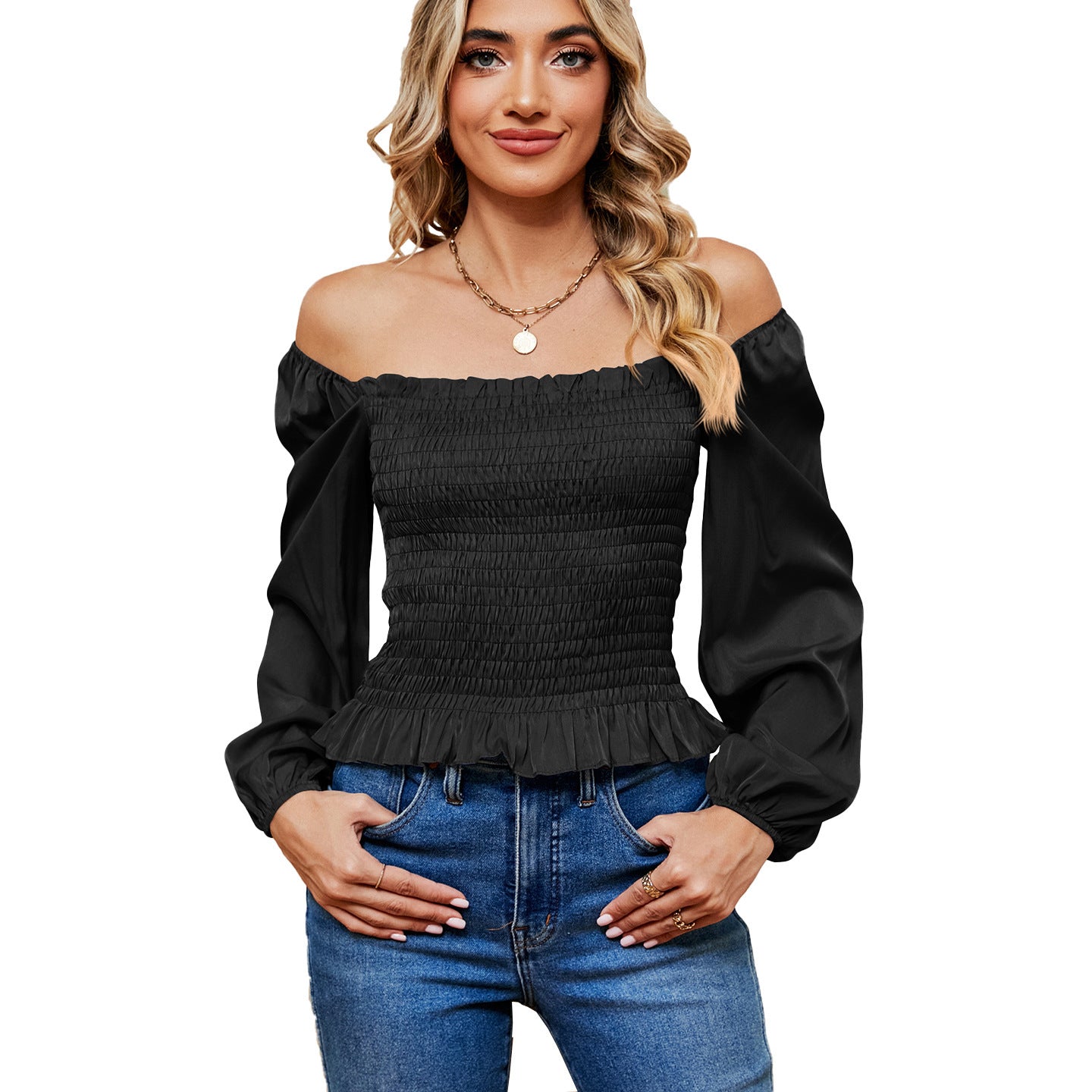 Women's Solid Color Square Collar Off-shoulder Slim Long Sleeve Top