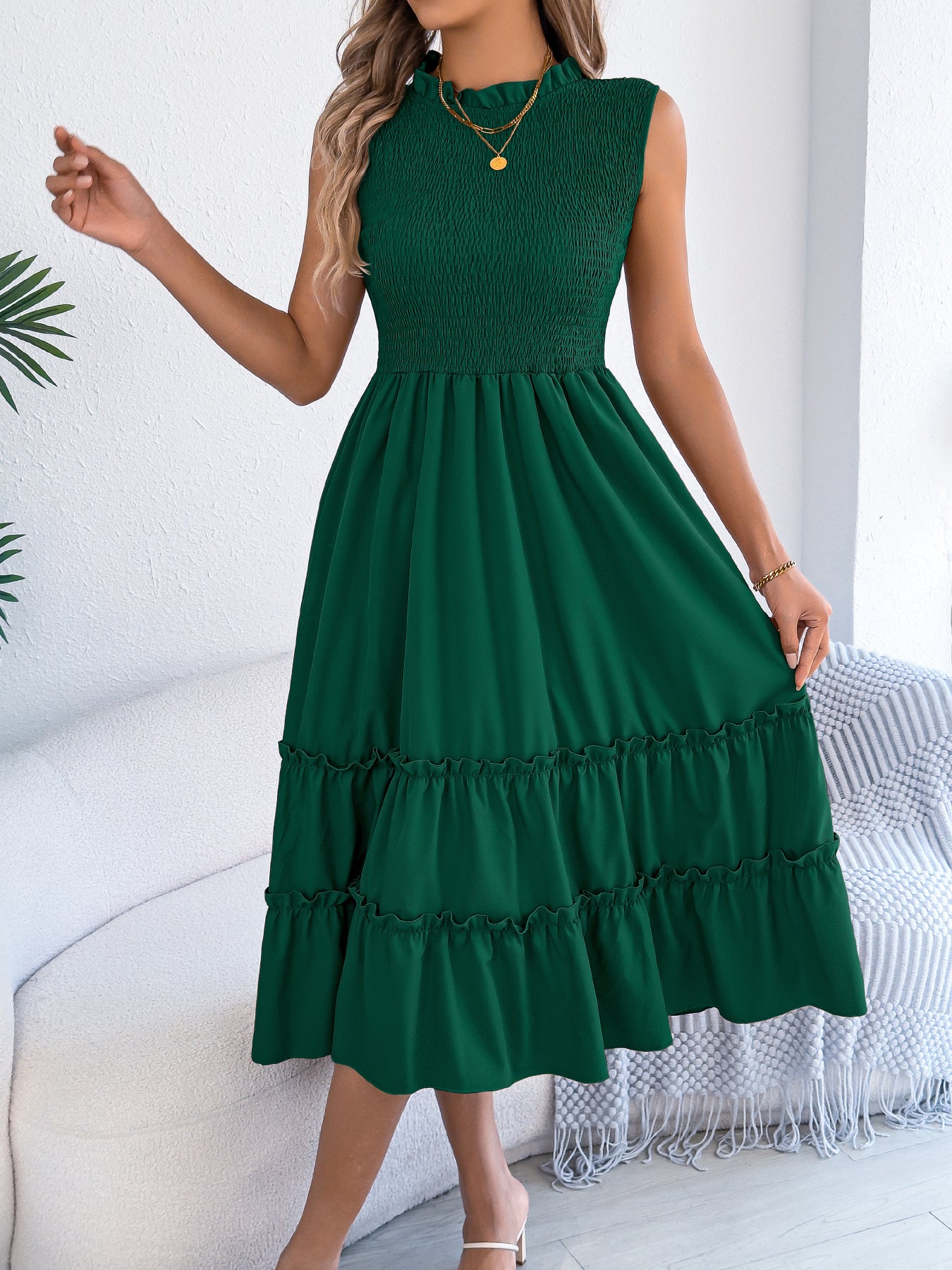 Casual Sleeveless Ruched Waistline Flounce Maxi Dress