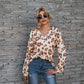 Leopard Print Printed V-neck Off-the-shoulder Long Sleeve T-shirt