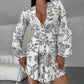 Women's V-neck Printed Lantern Sleeve Waist-tight Dress