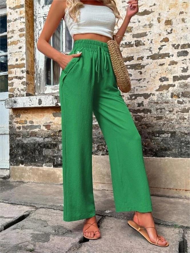 Pantalon décontracté avec poches et cordon élastique, taille haute, ample, pour femme