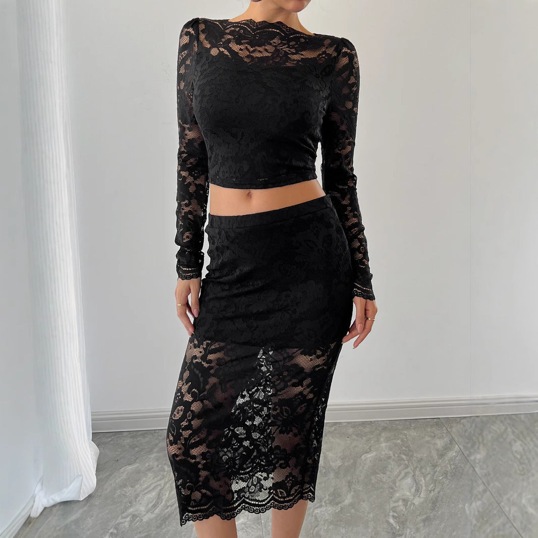 Women's Lace Jacquard Semi-transparent Skirt Suit