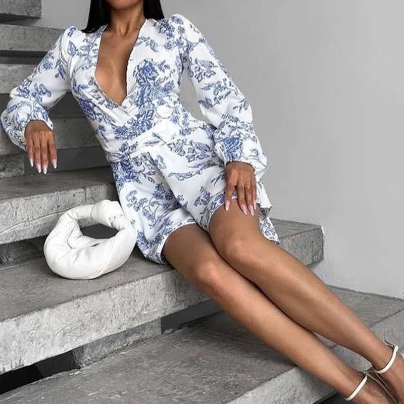 Women's V-neck Printed Lantern Sleeve Waist-tight Dress
