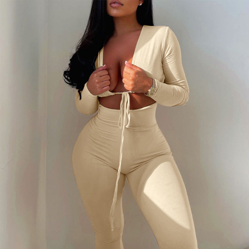 Solid Color Lace-up Hollow Long-sleeved Skinny Jumpsuit