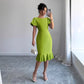 Round Neck Lantern Sleeve Ruffled Elegant Fishtail Skirt