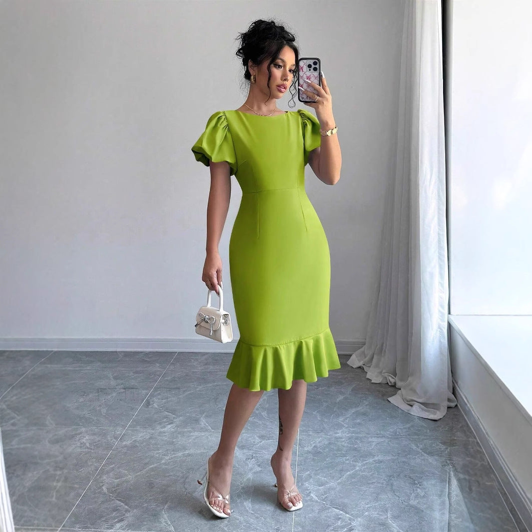 Round Neck Lantern Sleeve Ruffled Elegant Fishtail Skirt