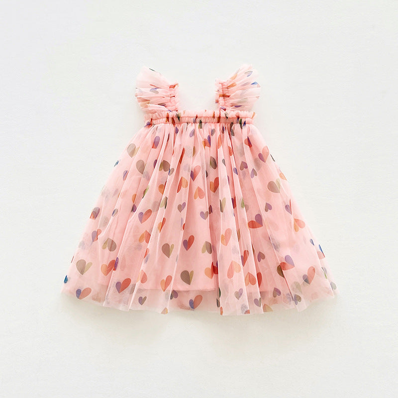 Summer Cute Heart Printing Mesh Girl Dress