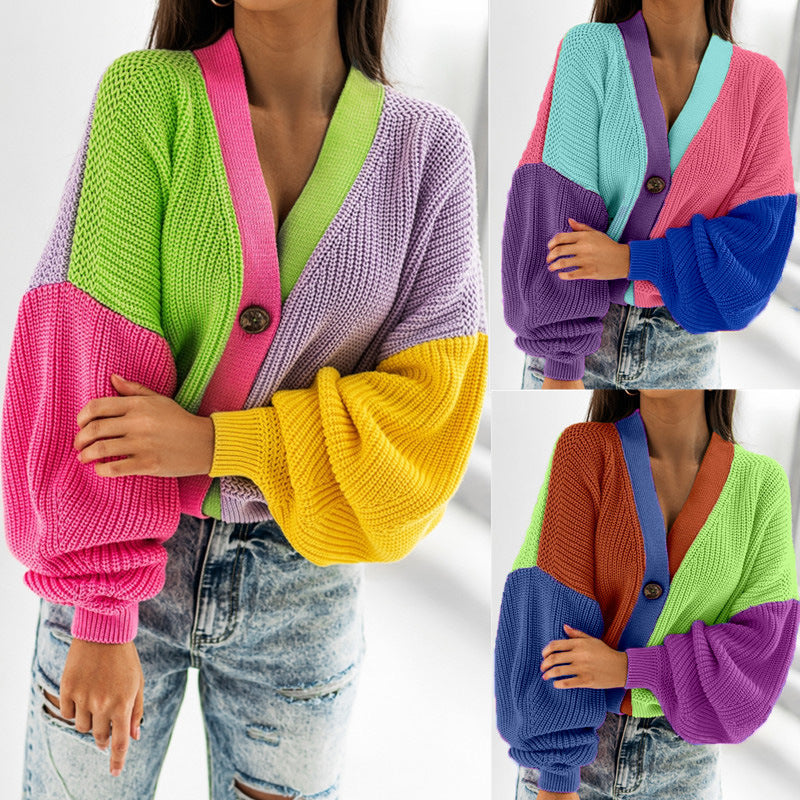 Casual Color Matching Bright Women's Woolen Long-sleeved Cardigan