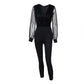 Women's Solid Color And V-neck Mesh Slim Fit Long-sleeved One-piece Trousers