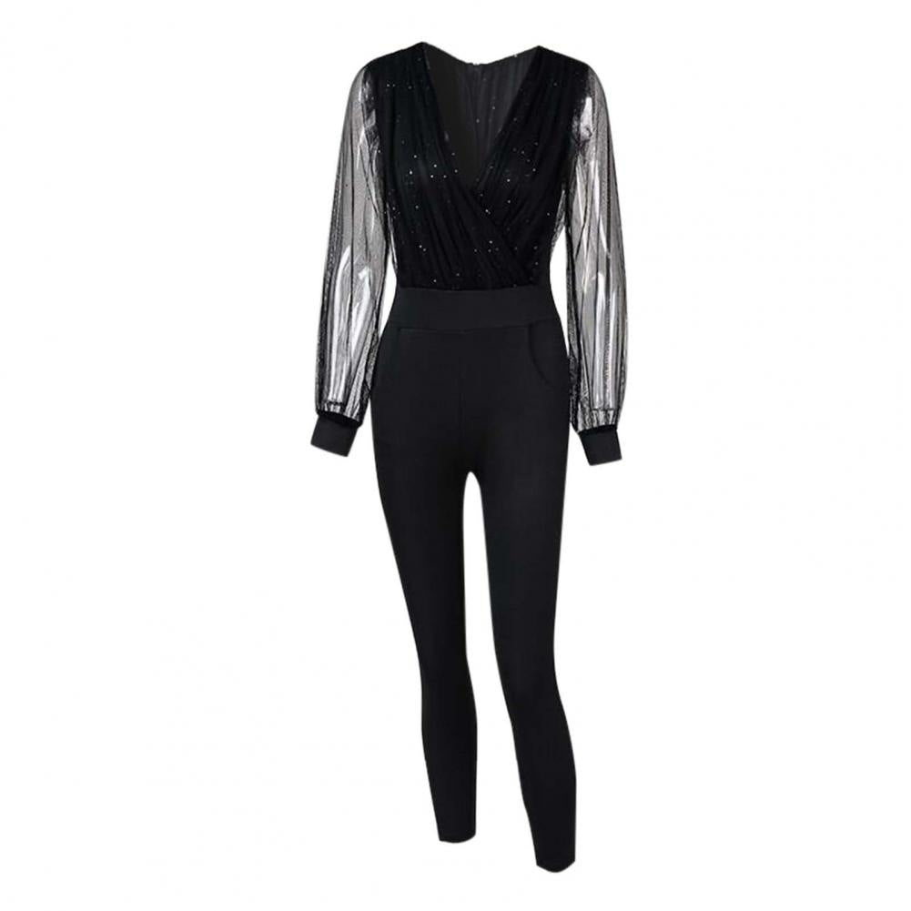 Women's Solid Color And V-neck Mesh Slim Fit Long-sleeved One-piece Trousers