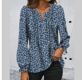 Chemise ample en mousseline imprimée à manches longues et col en V pour femme