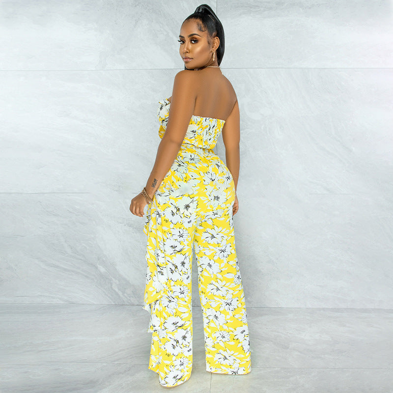 Ensemble pantalon large pour femme avec nœud à volants imprimé